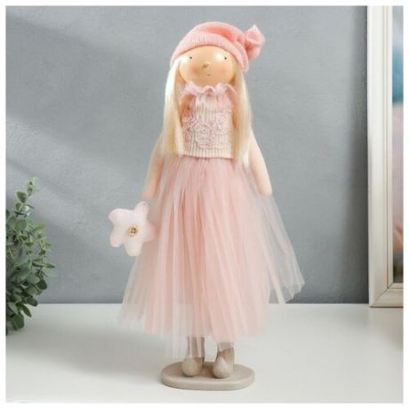 Кукла интерьерная "Малышка в розовом, с цветком, с длинными волосами" 41,5х14,5х16 см