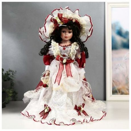 Кукла коллекционная керамика "Леди Констанция в винном платье с оборками" 40 см 4822731 .