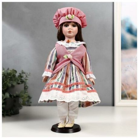 Кукла коллекционная керамика "Катя в платье в полоску и розовом жилете" 40 см