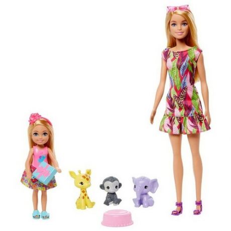 Игровой набор Mattel Barbie кукла Барби и Челси с питомцами жираф, слон и обезьянка GTM82