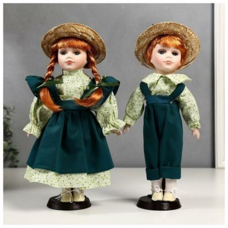 Кукла коллекционная парочка набор 2 шт "Маша и Миша в зелёных нарядах" 30 см