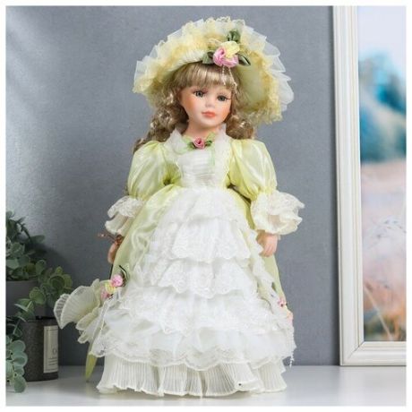 Кукла коллекционная керамика "Мадмуазель Марго в светло-зелёном платье, с зонтом" 40 см