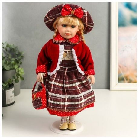 Кукла коллекционная керамика "Инга в красном, платье в горох и клетку" 40 см