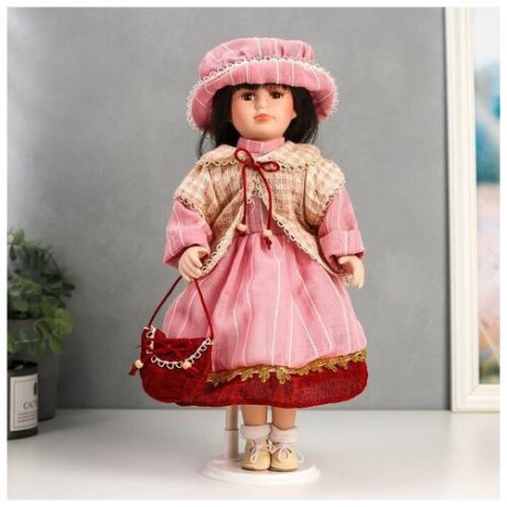 Кукла коллекционная керамика "Ксюшенька в платье в клетку цвета пыльной розы" 40 см