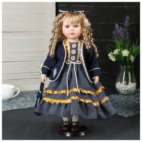 Кукла коллекционная керамика "Алиса в синем платье с бантиком на голове" 40 см