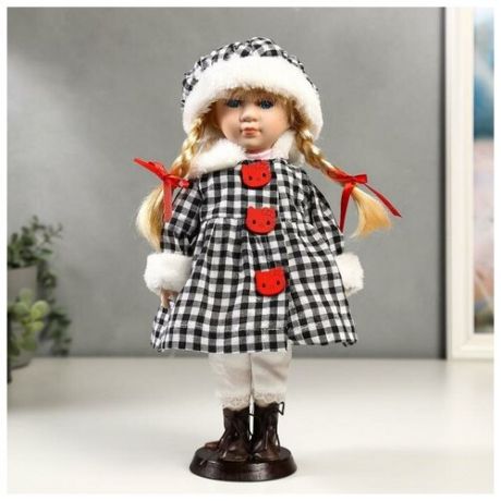 Кукла коллекционная керамика "Злата в пальто в клеточку с красными пуговицами" 30 см 4822741 .
