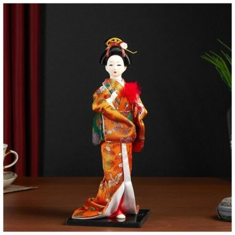 Кукла коллекционная "Гейша в оранжевом кимоно с веером