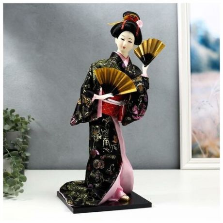 Кукла коллекционная "Гейша в черно-золотом кимоно с веерами