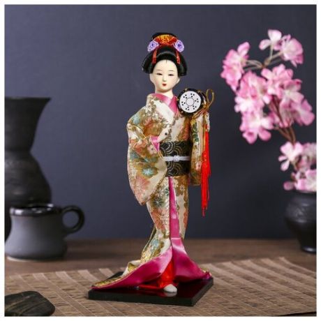 Кукла коллекционная "Гейша в шелковом кимоно с барабаном"