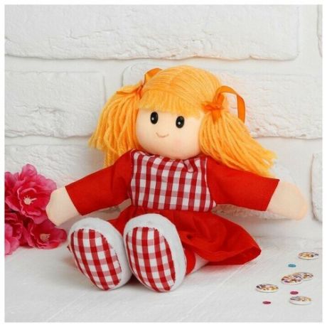 Мягкая игрушка кукла платье в клетку с воротничком, цвета микс