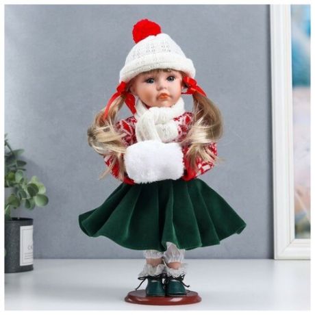 Кукла коллекционная керамика "Полинка в зимнем красном свитере, в шапке и шарфе" 30 см