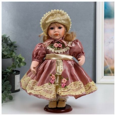 Кукла коллекционная керамика "Ася в розовом платье и чепчике" 30 см