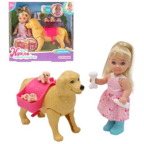 Кукла с собакой и щенками, 8пр 11,5см, ABS, полиэстер, 16х17,5х7см, Игроленд.