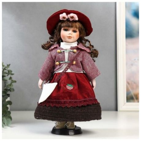 Кукла коллекционная керамика "Брюнетка с кудрями, в розовом пиджаке и бордовой юбке" 30 см 5483212 .