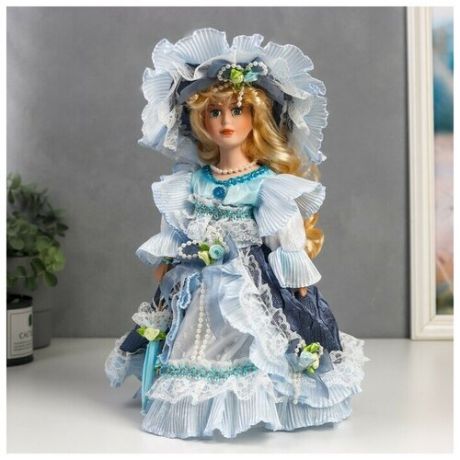 Кукла коллекционная керамика Леди Анна в сине-голубом платье 30 см