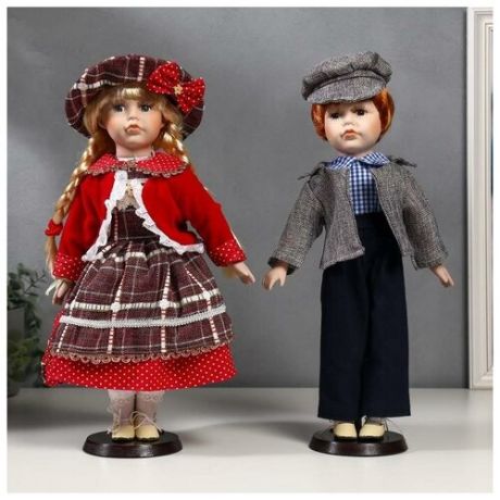 Кукла коллекционная парочка набор 2 шт "Лиза и Лёша в нарядах в клеточку" 40 см 4822749 .