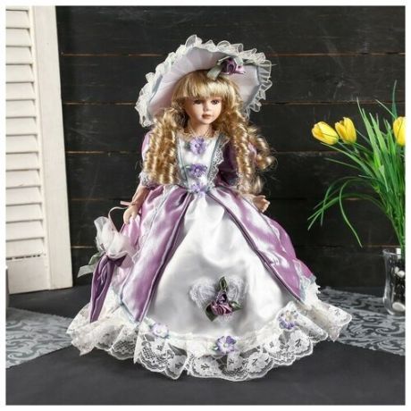 Кукла коллекционная керамика "Ангелина в сиренево-розовом платье. шляпе, с зонтом" 35 см