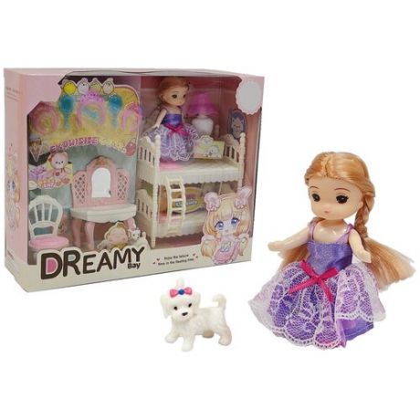 Игровой набор для девочек, Спальня, с куклой в сиреневом платье, с мебелью, с аксессуарами, высота куклы - 10 см
