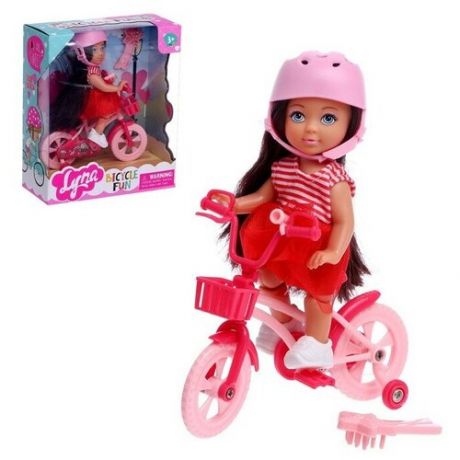 Кукла малышка Lyna на велопрогулке, с велосипедом и аксессуарами, в красном платье