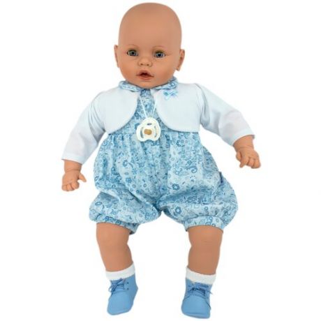 Кукла Бобо, без волос, мальчик в голубом комбинезоне и белом жакете, 65 см