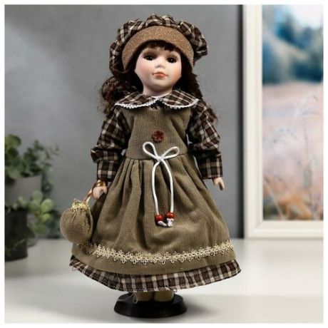 Кукла коллекционная керамика "Ника в оливковом сарафане и платье в клетку" 30 см
