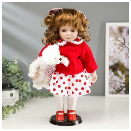 Кукла коллекционная керамика "Малышка Аля в красном свитере и юбке в горох, с мишкой"30,5 см 5043816 .