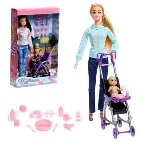 Кукла модель шарнирная «Дженнифер» с малышом, коляской и аксессуарами, микс