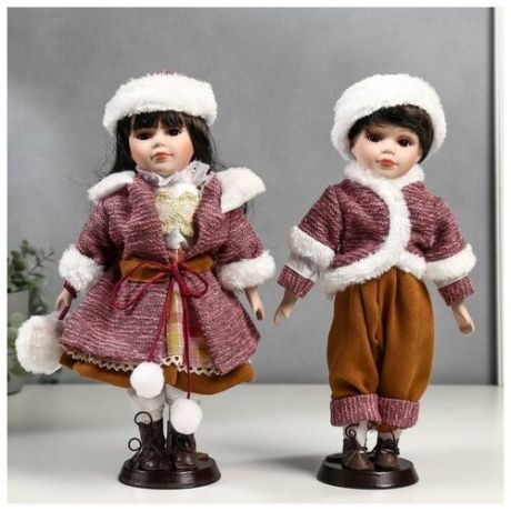 Кукла коллекционная парочка набор 2 шт "Ника и Паша в нарядах с мехом" 30 см