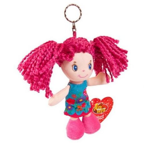 Кукла, с розовыми волосами в голубом платье, с колечком, мягконабивная, 15 см M6008