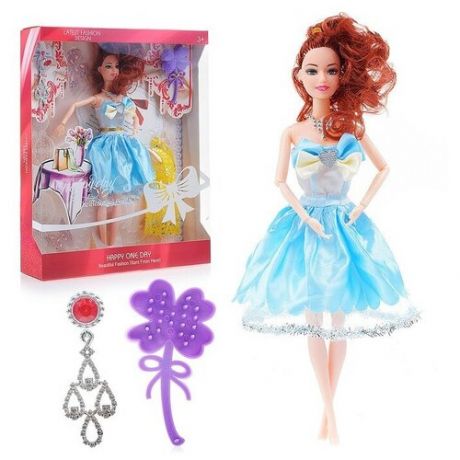 Кукла шарнирная с 2 платьями и аксессуарами (расческа, колье или заколка) в коробке, 30 см, платье голубое XM971091221