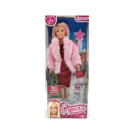 315372 Кукла 29 см София сингл, в розовой шубе, сумочка, расческа в комплекте карапуз в кор.24шт