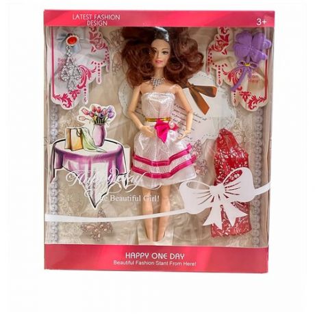 Кукла шарнирная с 2 платьями и аксессуарами (расческа, колье или заколка) в коробке, 30 см, платье белое XM972091221
