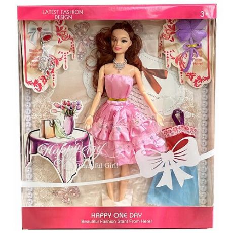 Кукла шарнирная с 2 платьями и аксессуарами (расческа, колье или заколка) в коробке, 30 см, платье светло-розовое XM973091221