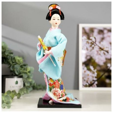 Кукла коллекционная "Японка в голубом кимоно с зонтом" 30х12,5х12,5 см 4147026 .