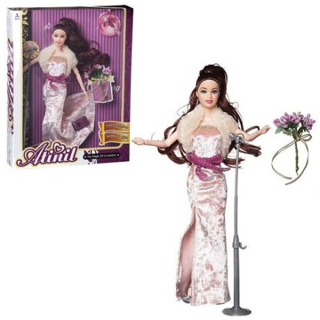 Кукла Junfa Atinil Виновница торжества (в длинном, бархатном платье) в наборе со стойкой с микрофоном и букетом 28см