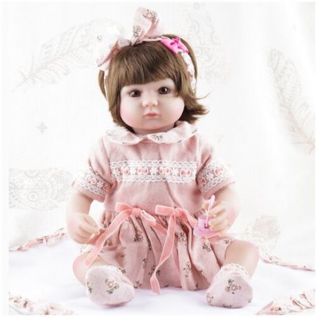 Reborn Kaydora Кукла Реборн (Reborn) виниловая Девочка в розовом платье, шатенка (42 см)