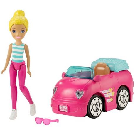 Набор Barbie В движении Мини-кукла и розовый автомобиль, 11 см, FHV77