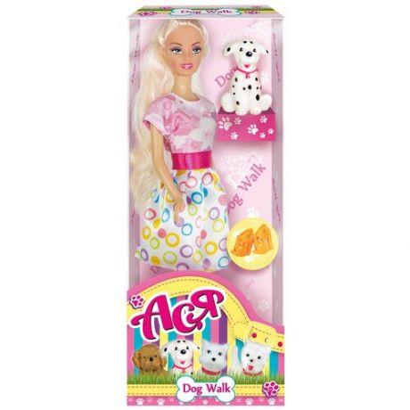 Кукла Toys Lab Ася Прогулка с щенком Блондинка в розово-белом платье, 28 см, 35058