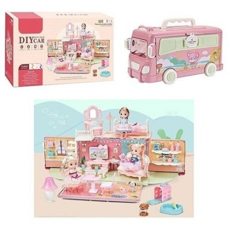 Игровой набор для девочки, Дом на колесах, Гостиная, с куколками и аксессуарами, размер автобуса - 31 х 15 х 17 см.