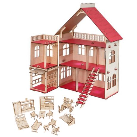Деревянный кукольный домик с мебелью и подсветкой "Санторини" красно-розовый, размер 64х56х34 см