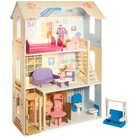 Кукольный домик PAREMO "Грация" деревянный, с мебелью 16 предметов в наборе и с качелями для кукол, 30 см