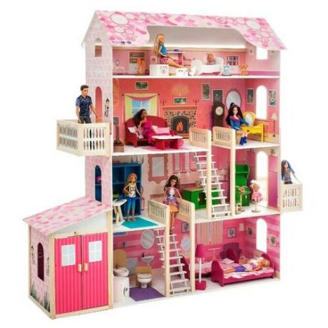 Деревянный дом для кукол «Нежность», (28 предметов мебели, 2 лестницы, гараж)