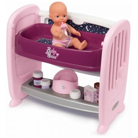 Кроватка для пупса 2 в 1 с регулируемой высотой Baby Nurse, Smoby (игровой набор, кукла, 8 аксессуаров, 220353)