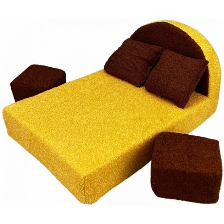 Игрушки для девочек, Кукольная мебель, Мягкая мебель, Кровать, 2 пуфа, 2 коричневые подушки, размер - 33 х 22,5 х 17 см