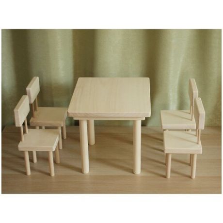 Мебель для кукол (натуральное дерево) "Гостиная", 5 предметов. Комплект обеденный. 4 стула и стол для Baby Born, Barby, кукол 40 45 см