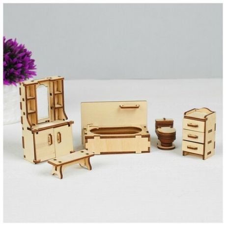 Polly Набор деревянной мебели для кукол «Ванная» (скамейка, ванна, унитаз, умывальник, шкаф)