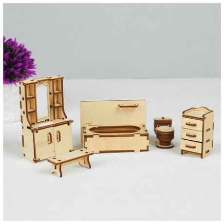 Набор деревянной мебели для кукол «Ванная» (скамейка, ванна, унитаз, умывальник, шкаф)