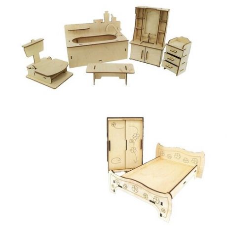 Комплект деревянной мебели для кукол: Ванная №2-1 + Кровать со шкафом - 1