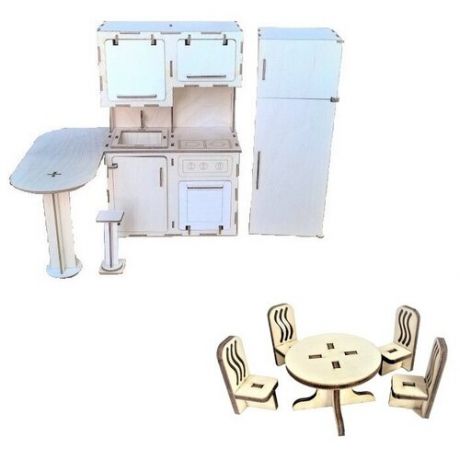 Комплект деревянной мебели для кукол: Кухня №2-1 + Стол со стульями 4 шт. - малый
