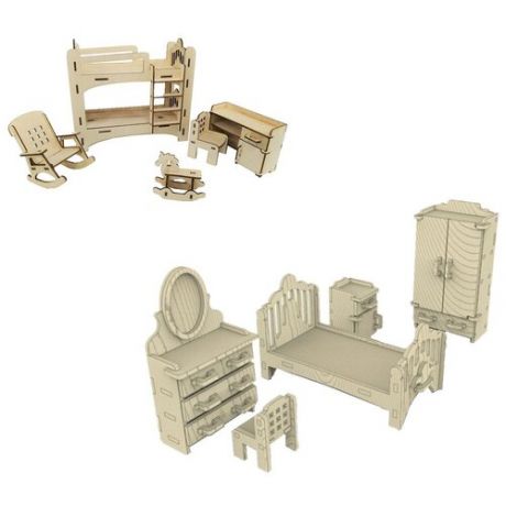 Комплект деревянной мебели для кукол: Спальня №1-1 + Набор мебели №5-1
